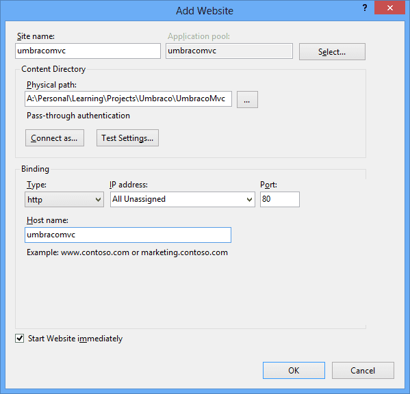 Add a Website - Configuration Dialog in IIS
