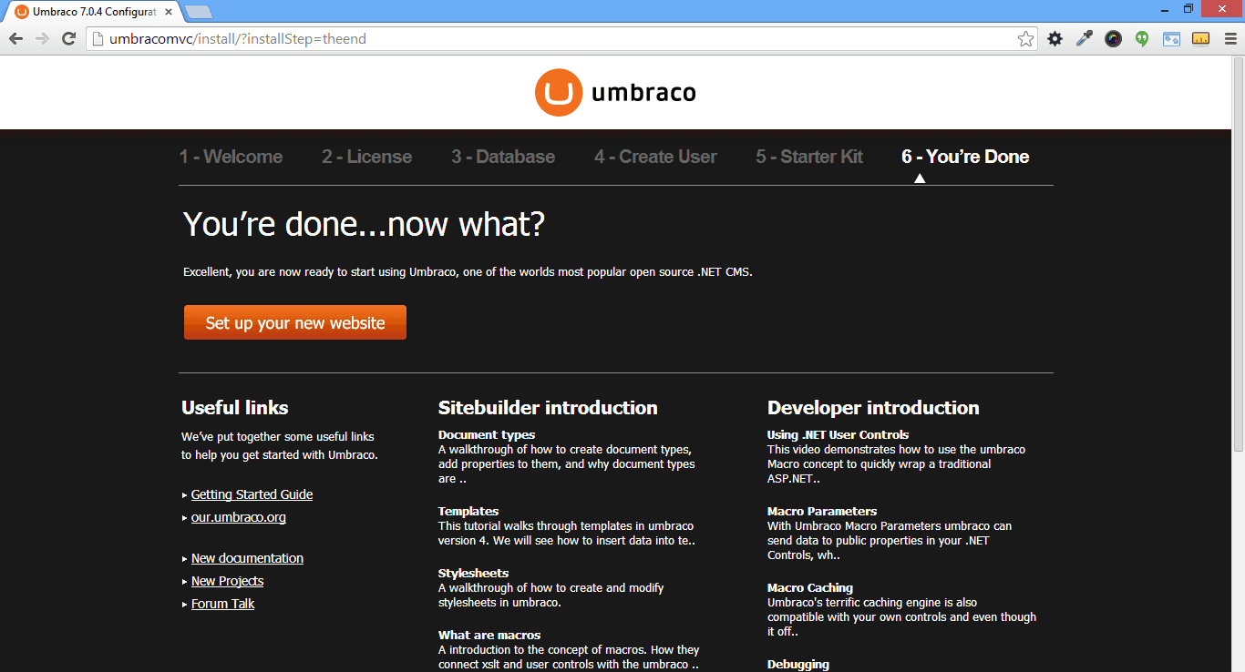 Umbraco Installation final step